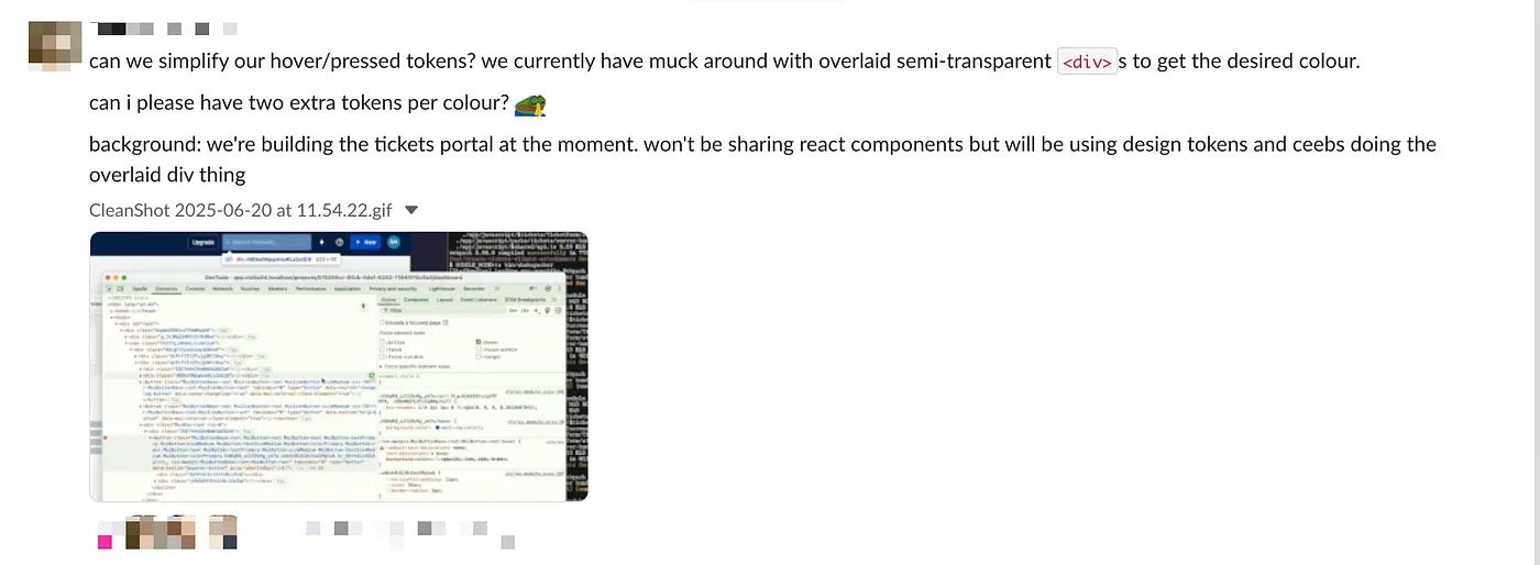 Developer chat showing friction caused by overlays