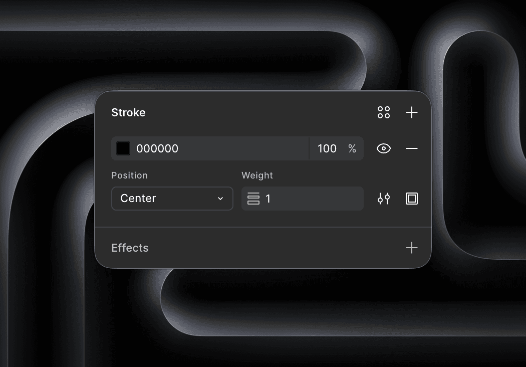 Figma stroke panel showing position options: Center, with weight controls and effects section