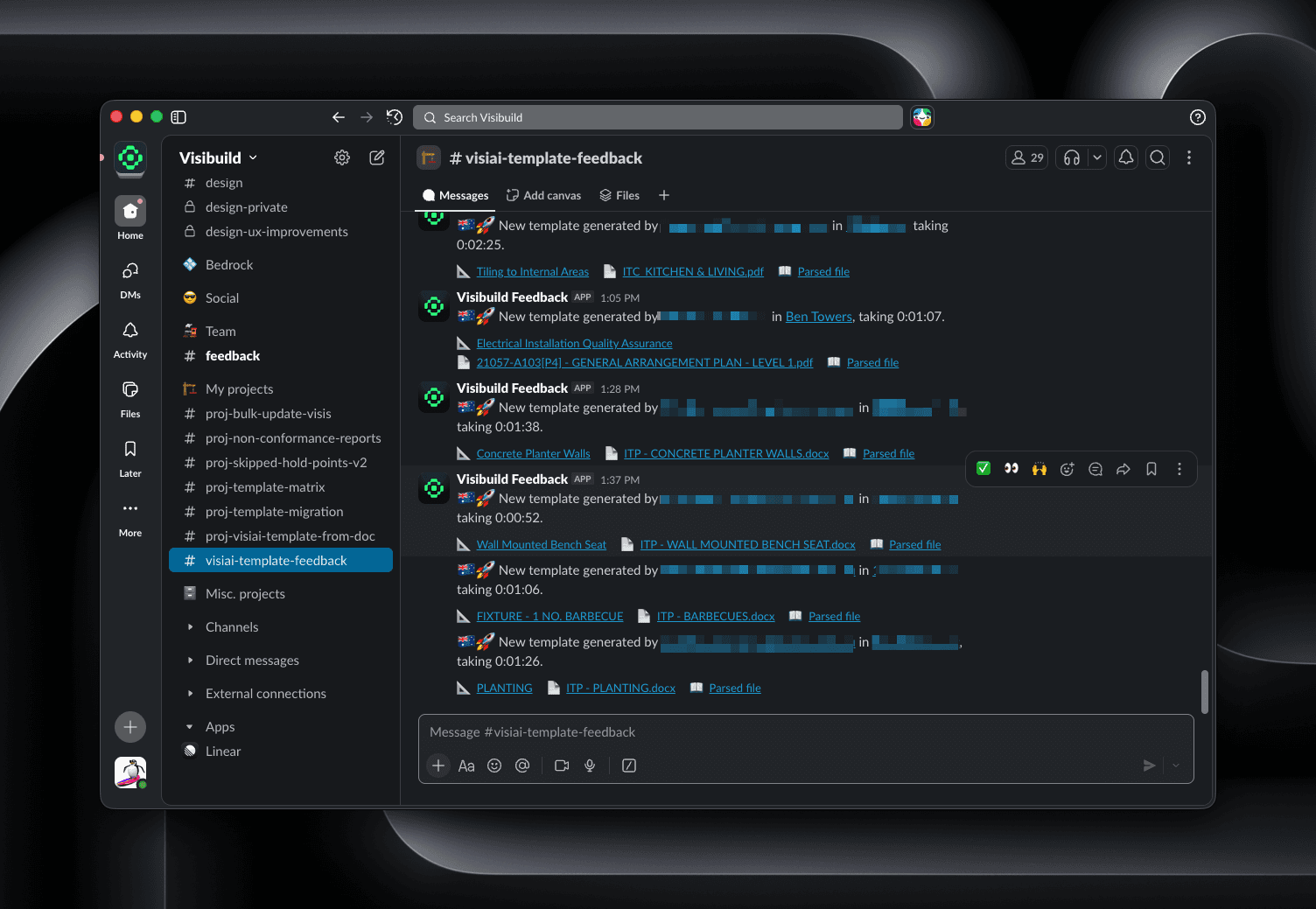 Feedback channel showing repeated template generation across active projects. Templates were being created daily using this flow, replacing manual setup work for both customers and CS.